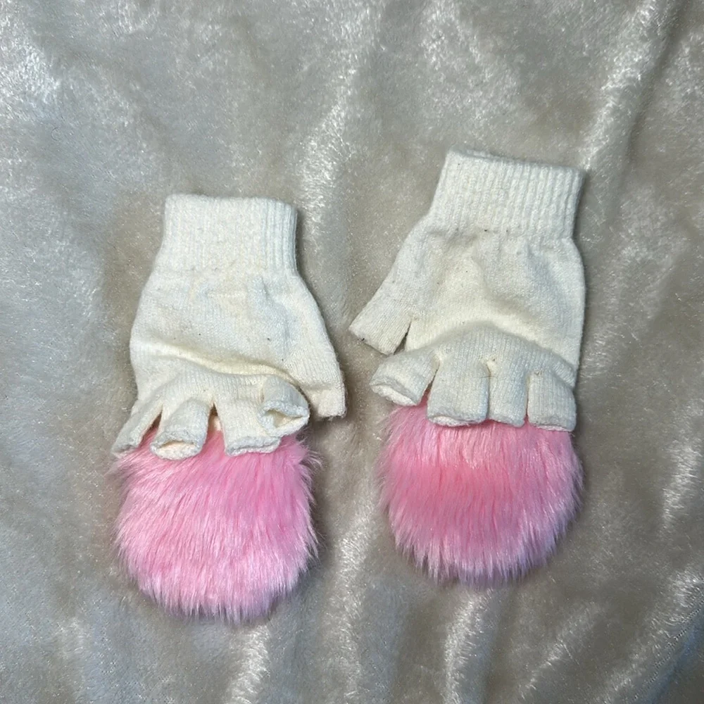 White and pink Mittens fashion gloves for ki open fingers cure fur